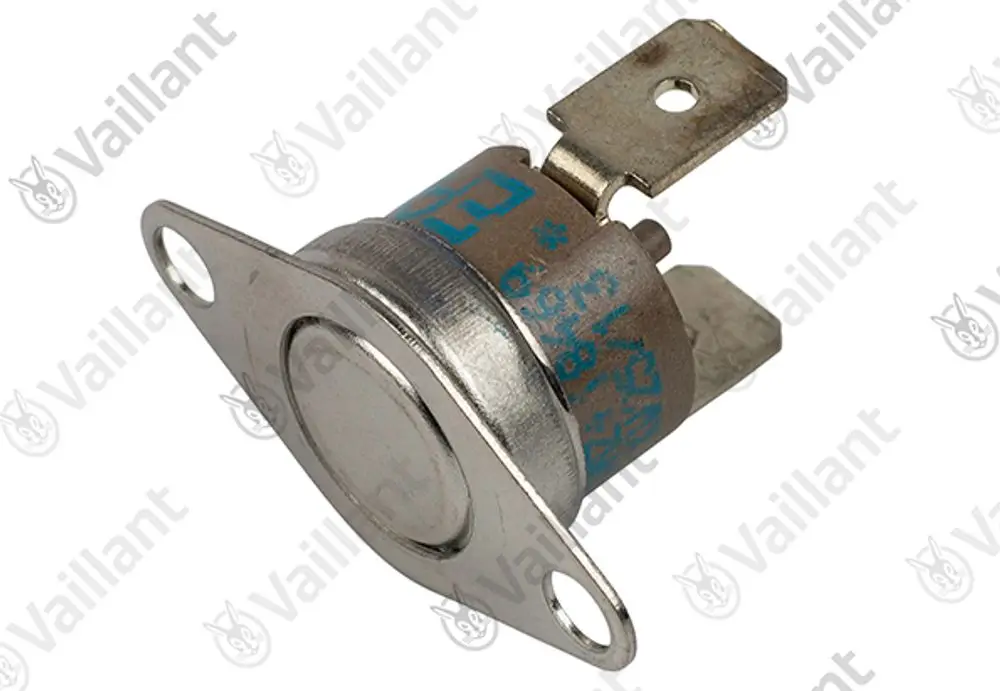 Vaillant Temperatursensor mit metallischer Kappe und Anschlussklemmen, montierbar durch seitliche Löcher.